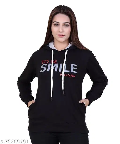 Cotton Blend Printed Hoodie for Women (Black, L)