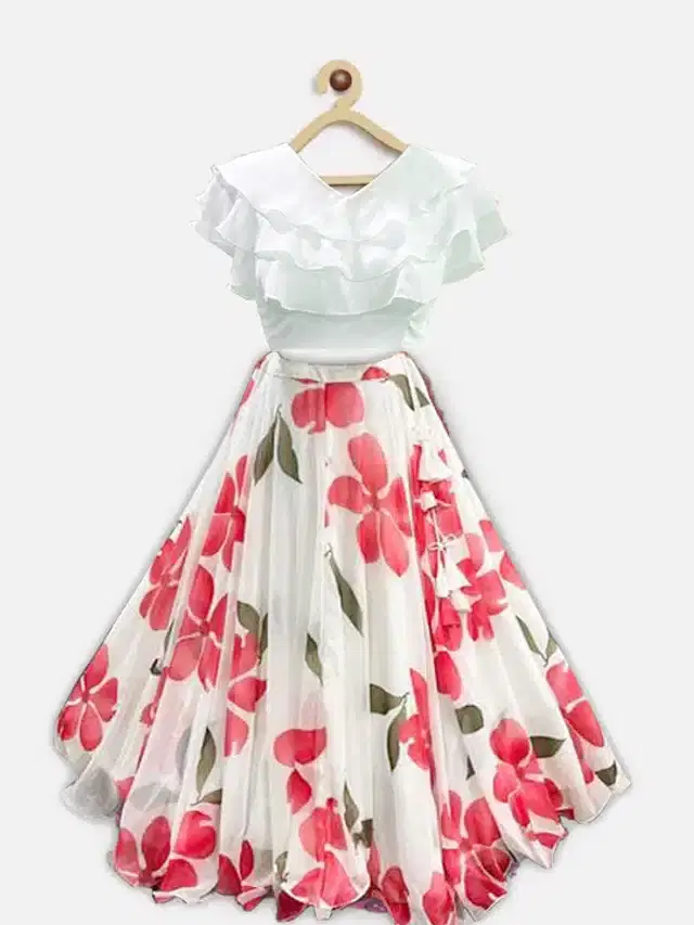 Digital Printed Lehenga Choli for Girls (White, 3-4 Years)