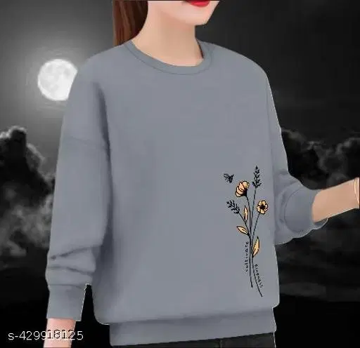 Cotton Printed Sweatshirt for Women (Grey, XS)