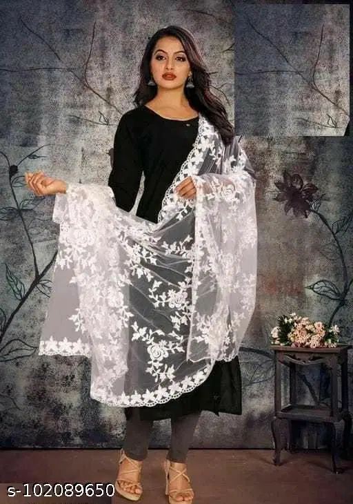 Embroidered Jaipuri Net Floral Sewing & Embroidery (White, Free Size)