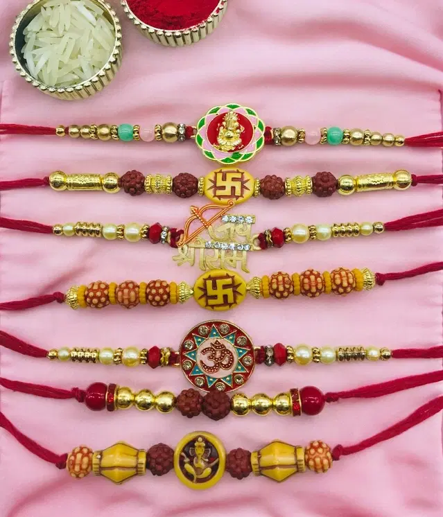 Handmade Designer Rakhi with Roli Chawal, Multicolor, Pack of 7
