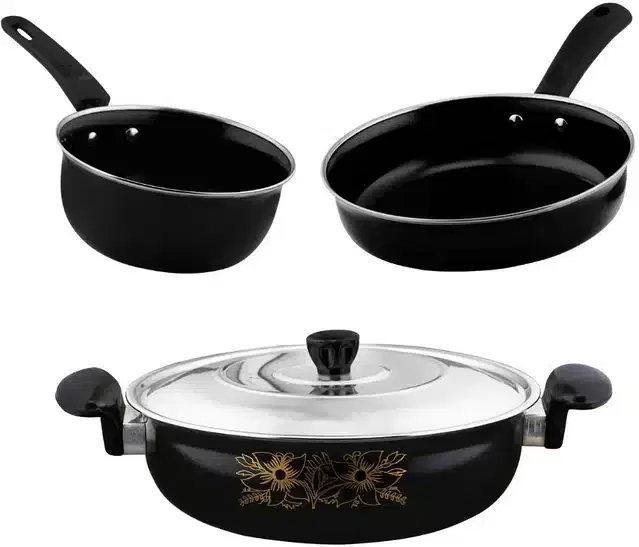 Non Stick Kadai, Stainless Steel Lid & Frying Pan with Saucepan, Black, Set of 3