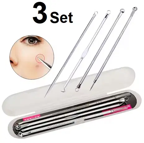 Stainless Steel 4 Pcs Acne Blackhead Remover, Silver, Set of 3