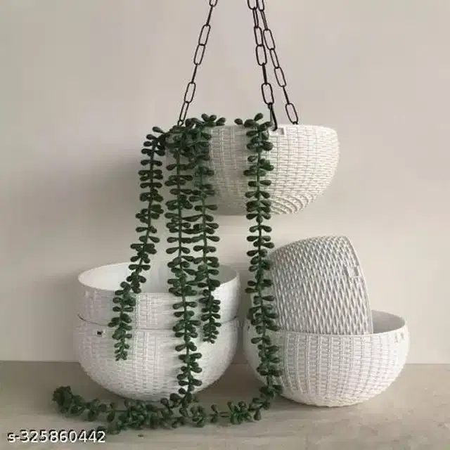 Hanging Flower Pots with Metal Chain, White, Pack of 5