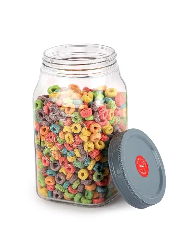Cello Classic Canister Glass Storage Jar with Lid, 2000ml,Grey | Pack of 1 | Airtight Lid | Microwave & Dishwasher Safe | Kitchen Container for Spices, Tea, Snacks, Pulses & Dry Fruits