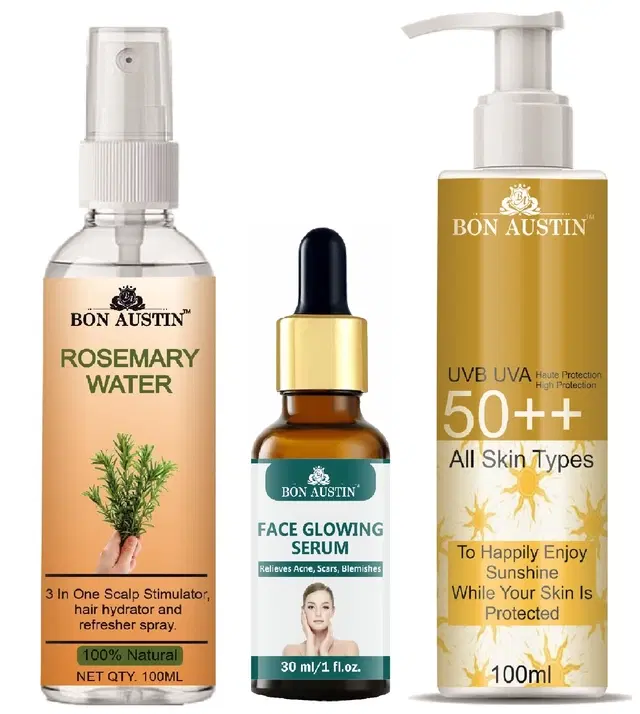 Bon Austin Rosemary Hair Spray, 100 ml with Face Glowing Serum, 30 ml, UVA & UVB Protection Sunscreen Lotion, 100 ml, Set of 3