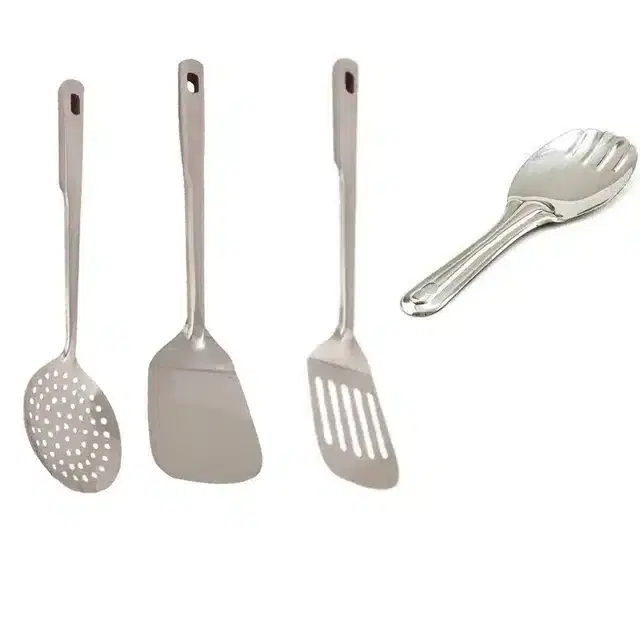 Combo of Stainless Steel Cooking & Serving Spoon Set, Pack of 4, Silver