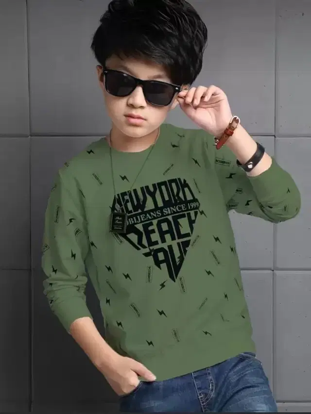 Cotton Blend Round Neck T-Shirts for Boys (Olive, 13-14 Years)
