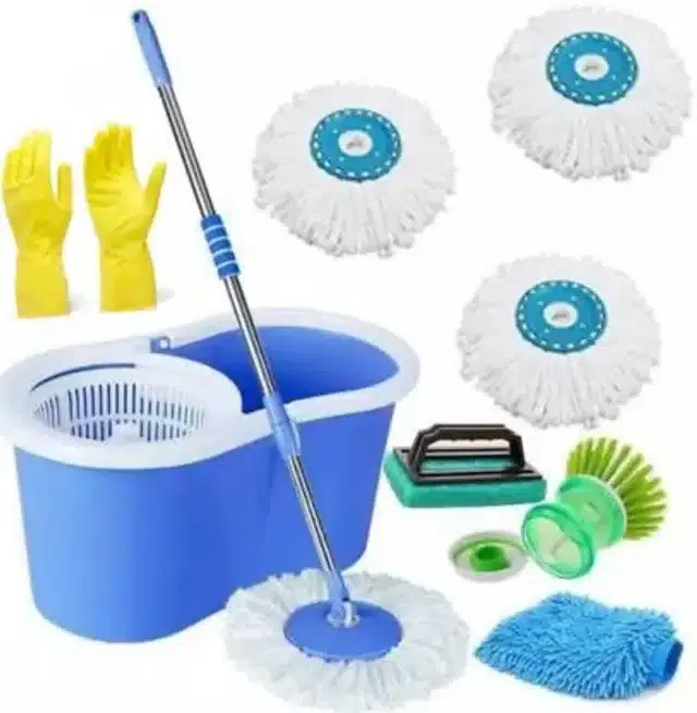 Bucket 360 Degree Spin Mop Set Tile Brush Foot Brush Sink Brush Micro Fiber Gloves, Blue, Pa-06