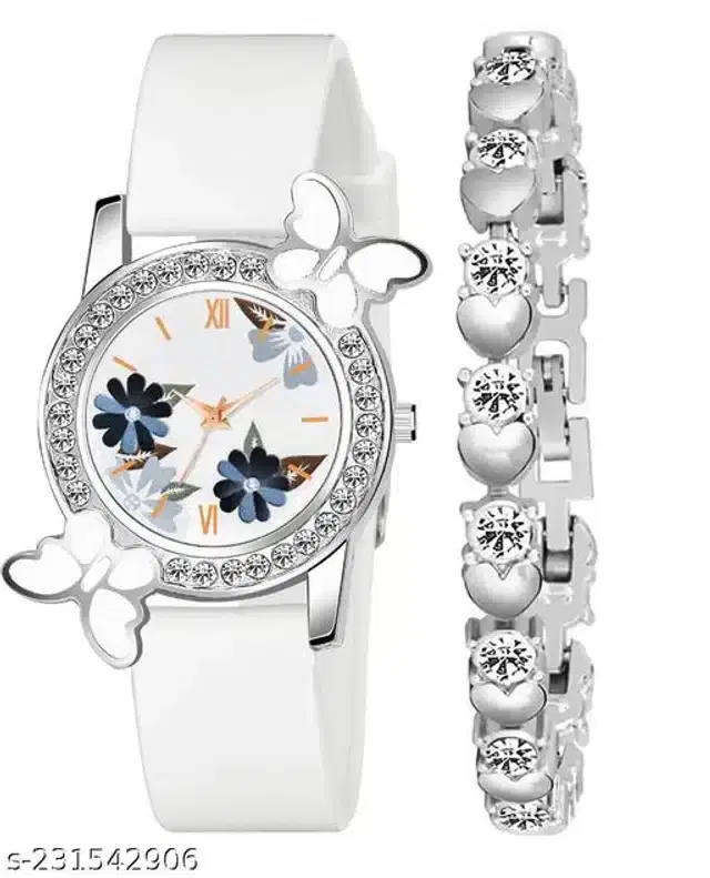 Analog Watch with Bracelet for Women, Set of 2 (Multicolor)