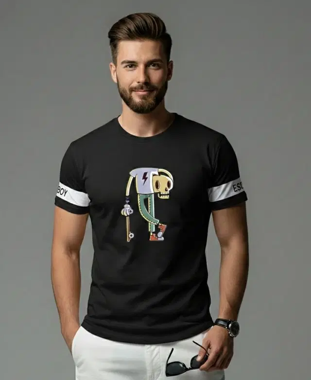 Polyester Printed T-shirt for Men, Black (XL)