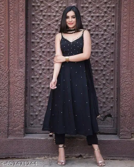 Georgette Embroidered Kurta & Paint & Dupatta Set For Womens, Black (XXL)