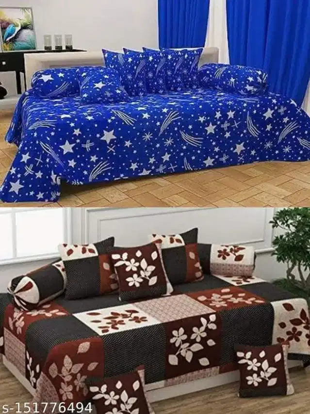 Polycotton Diwan Cover Set, Blue & Brown, Combo of 2