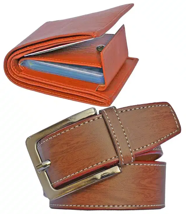 Synthetic Wallet with Formal Belt for Men, Pack of 2 (Brown)