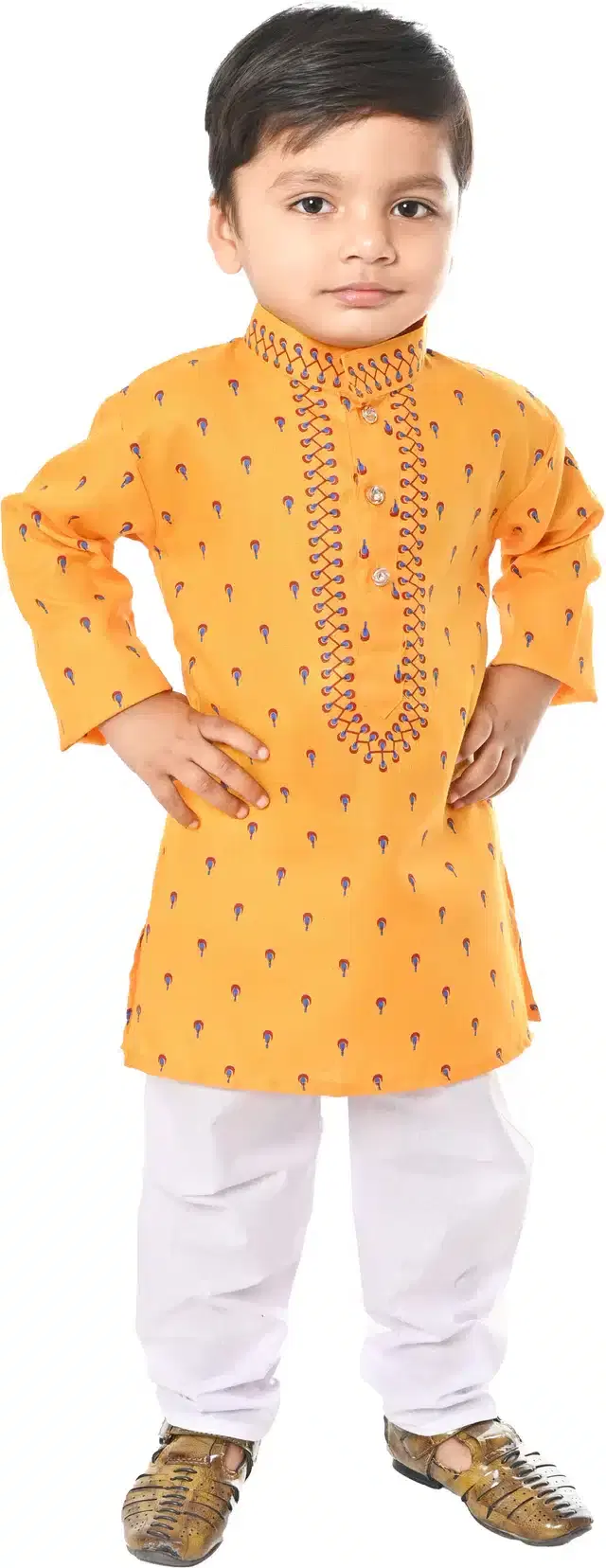 Cotton Printed Kurta & Pajama Set for Boys (Yellow & White, 3-4 Years)