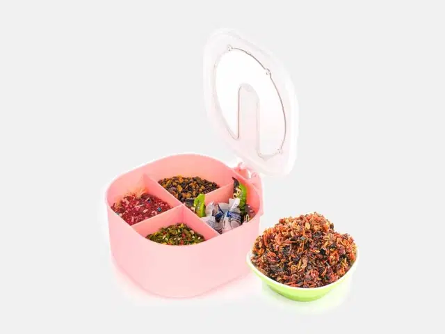 Plastic 4 Section Spice Container with Lid & Spoons, Multicolor