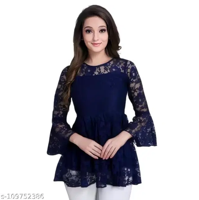 Three-Quarter Sleeves Top for Women (Navy Blue, S)