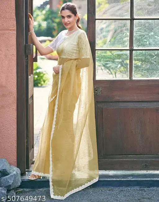 Net Embellished Saree for Women, Beige