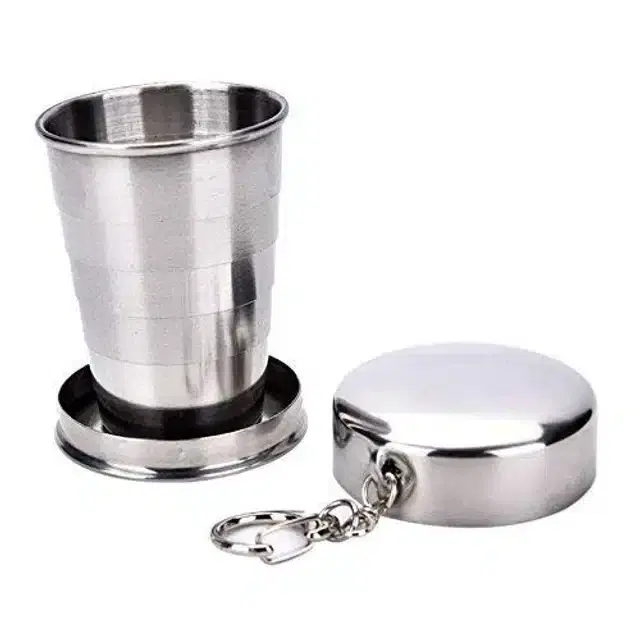 Foldable Stainless Steel Traveling glass with Lid, Silver, 75 ml