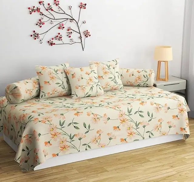 Sarangi Pink Floral Diwan Set with 1 Single Bedsheet, 5 Cushion Cover and 2 Bolster Cover