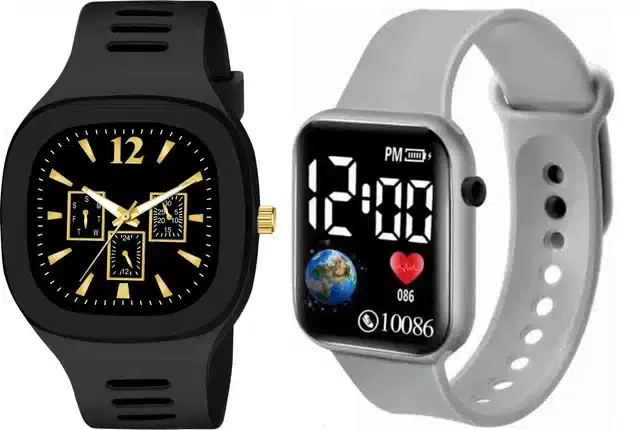 Analog with Smartwatch Combo for Men, Pack of 2 (Black & Grey)