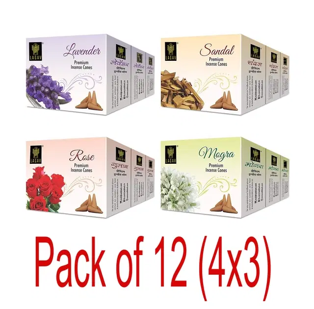 Sandalwood 3 Pcs, Mogra 3 Pcs, Lavender 3 Pcs & Rose 3 Pcs, Set of 4