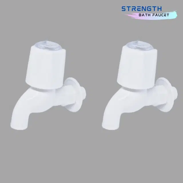 Plastic Short Body Bib Cock Tap with Wall Flange, White, Set of 2
