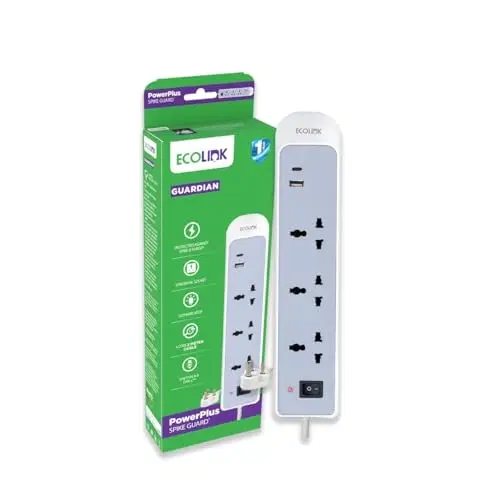 EcoLink PowerPlus 3-Socket 6a Extension | Dual Usb-a & Usb-c Fast Charging Ports | Compact, Portable & Safe Power Strip | Home, Office & Travel | Overload & Short Circuit Protection | Pack Of 1