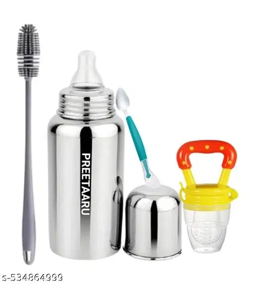 Steel Feeding Bottle ,Fruit Nibbler,Bottle Cleaning Brush With Cutter Spoon
