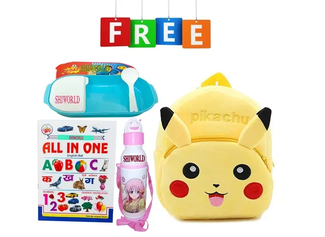 Combo of Fabric School Bag, Water Bottle, Lunch Box with All in One Book for Kids, Multicolor, Set of 4