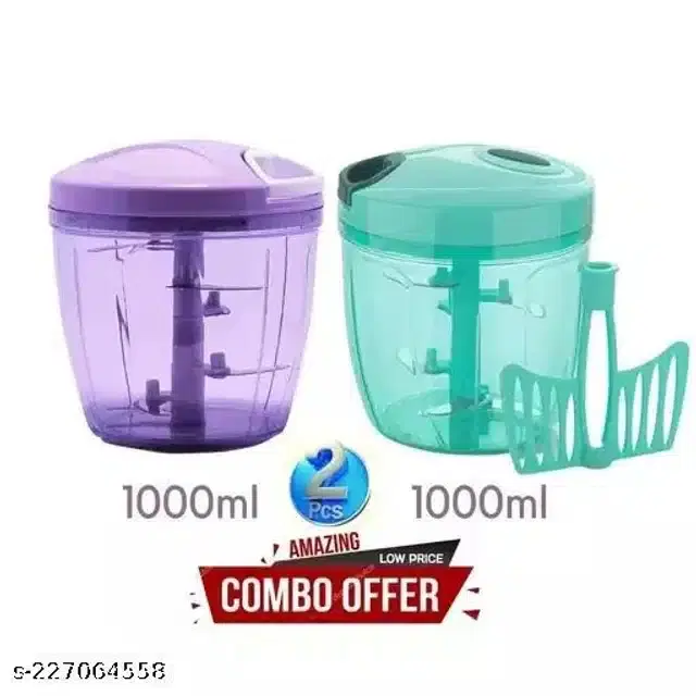 Plastic Manual Chopper, Purple & Sky Blue, 1000 ml, Pack of 2