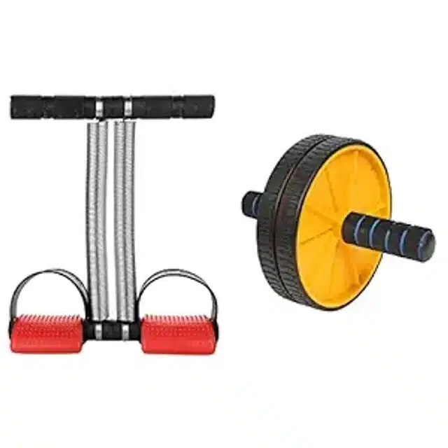 Combo of Double Spring Tummy Trimmer with Abs Wheel Roller, Multicolor, Set of 2