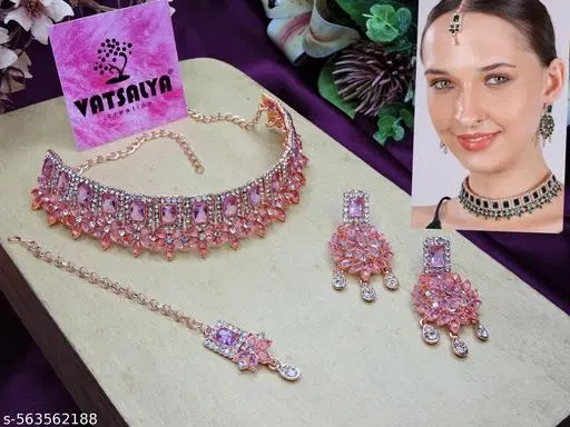 Sparkling Partywear Choker Necklace Set for Women (Lavender, Free Size)