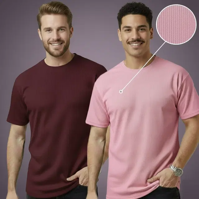 Polyester Round Neck T-shirt for Men, Multicolour, Pack of 2 (L)
