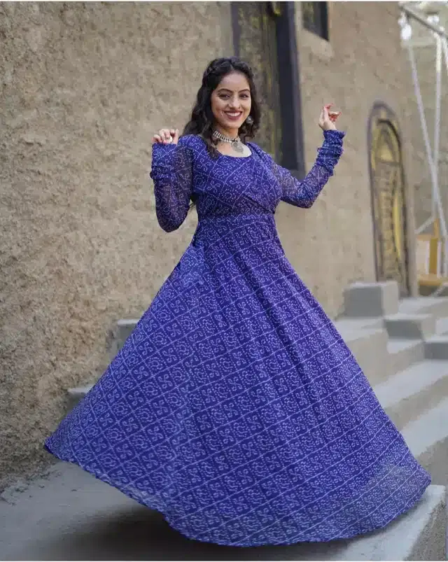 Women's Printed Anarkali Gown (Blue, L)