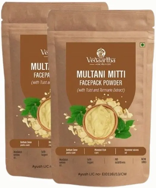 Vedaartha Multani Mitti Face Pack Powder with Tulsi & Turmeric, Pack of 2 (100 g)