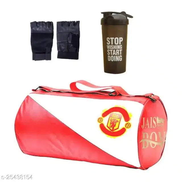 Combo of Gym Bag with Shaker Bottle, 600 ml, Gloves, Multicolor, Set of 3
