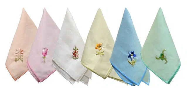 Cotton Embroidered Handkerchiefs for Women CR101PO6 Embd., Pack of 6, Multicolor