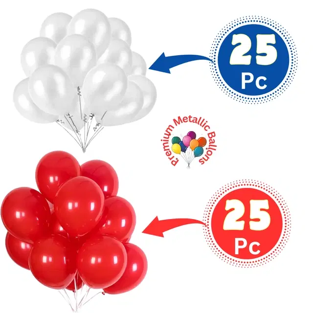 Rubber Premium Metallic Balloons for Party, Red & White, Pack of 50
