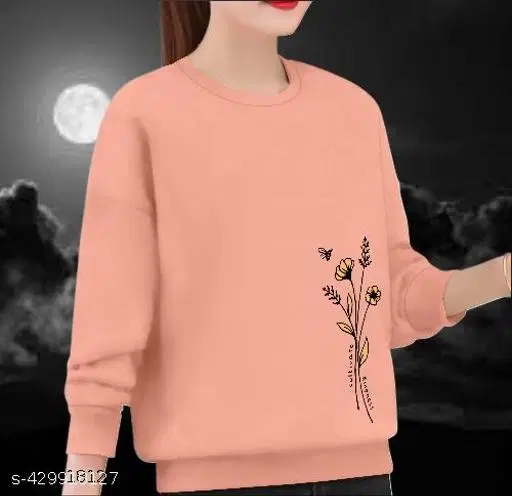Cotton Printed Sweatshirt for Women (Peach, XS)