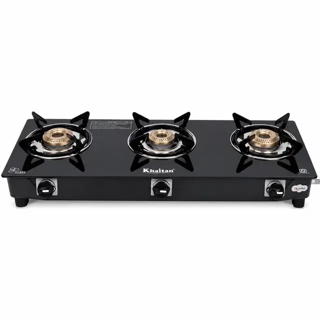Khaitan 3 Burner BP-GIO MS Black Toughened Glass Glass Manual Gas Stove [3 Burners]