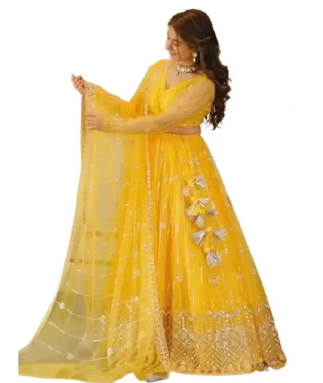 Net Lehenga with Choli & Dupatta for Girls (Yellow, 3-4 Years)