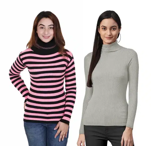 Full Sleeves Solid Sweater for Women, Pack of 2 (Grey & Pink, S)