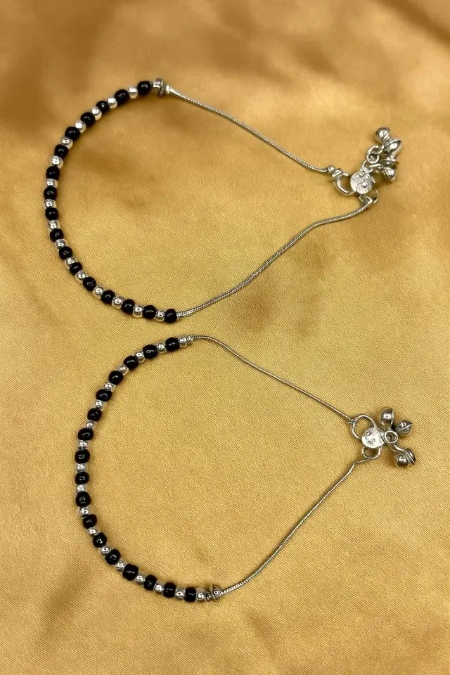 Silver Plated Anklets for Women, Black, Set of 1