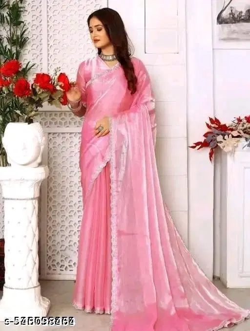 Chiffon Solid Saree For Women, Pink