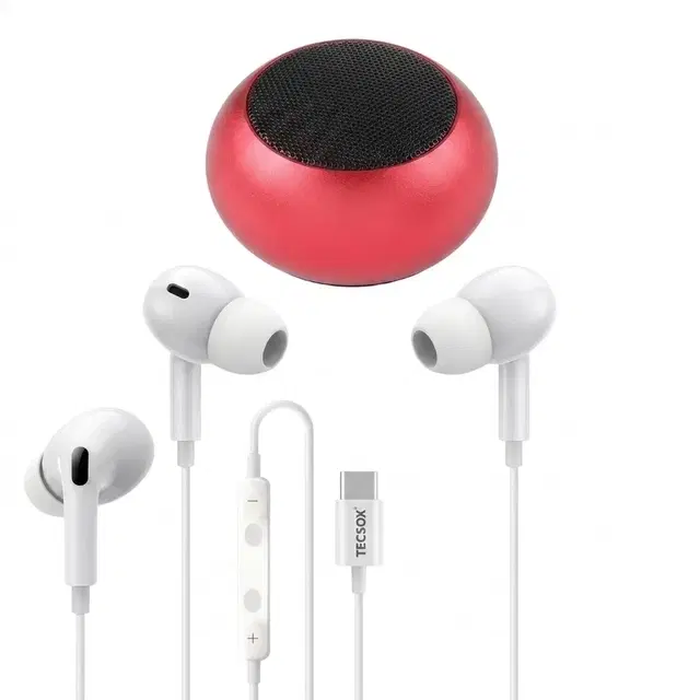 Tecsox Bassbuds Prime Type-C Wired Earphones [White] And Portable Mini Bluetooth Speaker [5 W, Multicolor, Combo Pack]