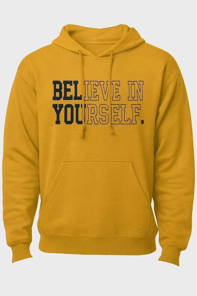 Full Sleeve Believe Printed Fleece Hoodie for Men, Yellow (M)