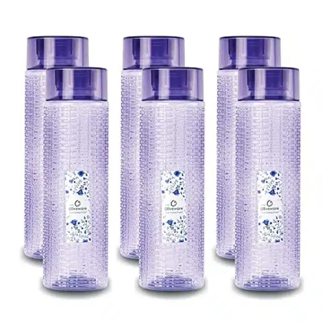 Airtight Plastic Water Bottle with Lid, Violet, 1000 ml, Pack of 6