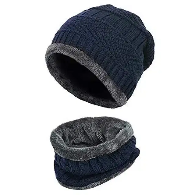 Woolen Solid Cap with Neck Warmer for Men, Set of 1 (Black)