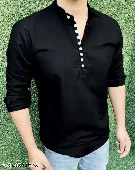 Cotton Blend Solid Short Kurta for Men, Black (M)